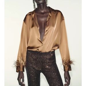 Zara Bronze Satin Blouse with Feather Details